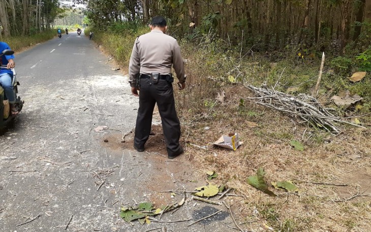 Polisi saat melakukan olah TKP peristiwa Pohon Tumbang yang menimpa Sarip (korban) hingga meninggal di Jalan Umum Brongkos Kesamben Kabupaten Blitar.