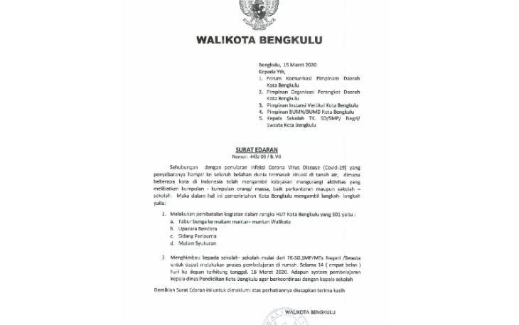 Surat Edaran Wali Kota Bengkulu 