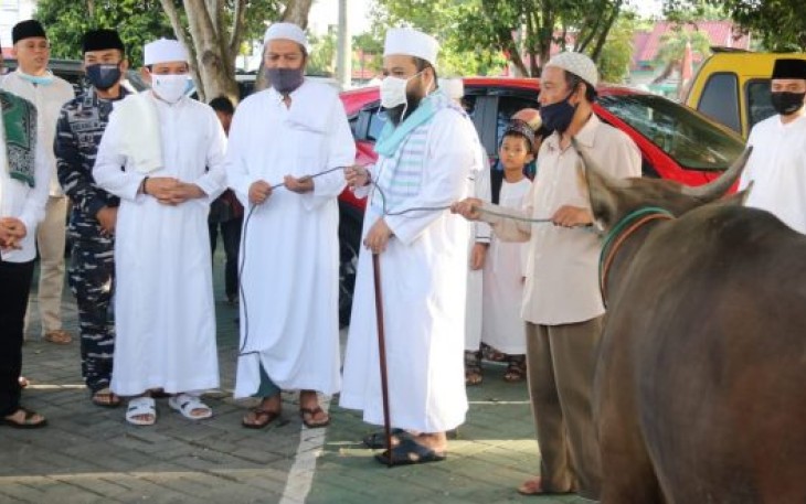 Walikota Bengkulu Helmi Hasan saat melakukan serah terima hewan qurban kepada ketua pengurus masjid Agung At Taqwa secara simbolis. 