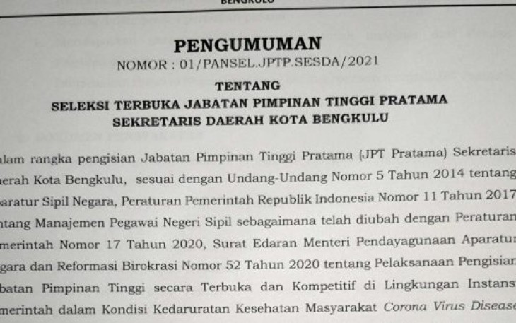 Surat Pengumuman Lelang Jabatan Sekretaris Daerah 