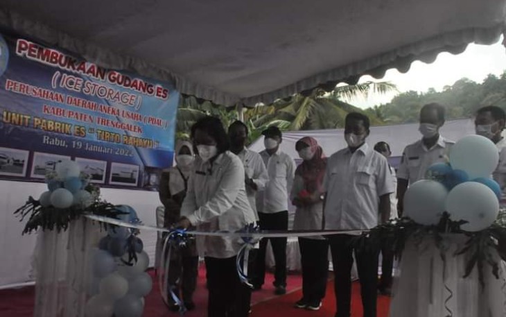 Pejabat Sekda Kabupaten TrenggalekAnik Suwarni, saat meresmikan Operasional Gudang Es, Pabrik Es Tirto Rahayu, Kecamatan Watulimo, Rabu (19/1/2022) (Foto : Hardi Rangga, klikwarta.com).