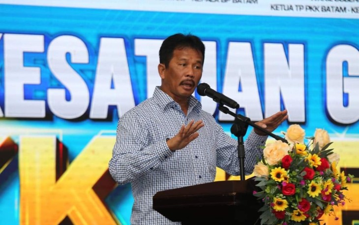 Wali Kota Batam Muhammad Rudi saat menyampaikan kata sambutanya pada acara Peringatan Hari Kesatuan Gerak PKK (HKG - PKK) ke- 50 Tahun 2022 Tingkat Kota Batam di Swiss Bell Hotel Batu Ampar.