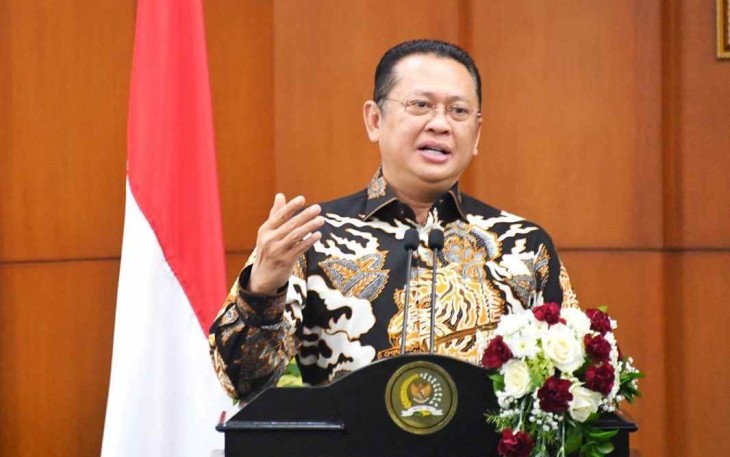 Ketua MPR RI Bambang Soesatyo saat keynote speech di forum tematik Bakohumas MPR RI di Jakarta di 