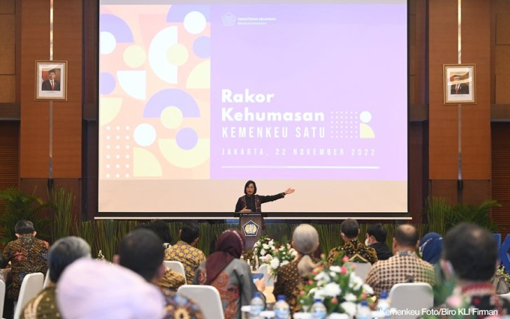 Menkeu Sri Mulyani saat membuka rakor kehumasan Kemenkeu di Jakarta 