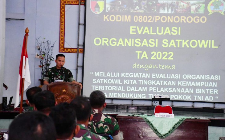 Kodim 0802/Ponorogo saat Gelar Evaluasi Organisasi Satkowil Tahun 2022 di Balai Prajurit Kodim 0802/Ponorogo, Kamis (15/09/2022).