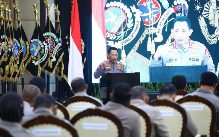Kapolri Jenderal Listyo Sigit Prabowo saat membuka Rakernis Gabungan di Rupatama Polri, Jakarta Selatan, Selasa (22/3/2022).