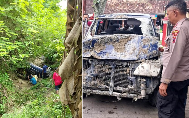 Mobil Dinas PMD kabupaten Blora yang masuk jurang di jalan Doplang Bangklean kecamatan Jati kabupaten Blora.