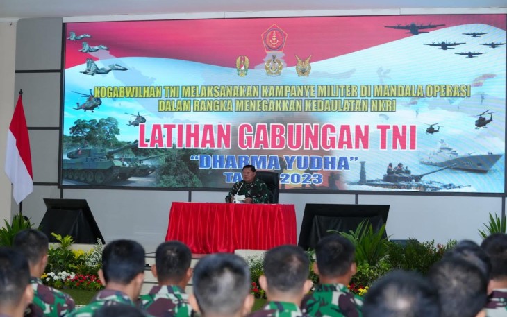 Panglima TNI Laksamana TNI Yudo Margono, S.E., M.M saat buka Gladi Posko pada Latihan Gabungan TNI Tahun 2023