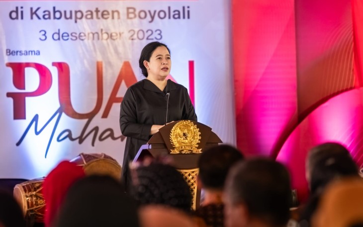 Puan saat berdialog dengan komunitas seniman di Kebun Raya Indrokilo, Boyolali, Jawa Tengah, Minggu (3/12/2023).