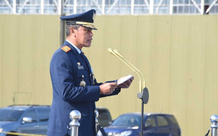 Wadan Koharmatau Marsma TNI Joseph Rizki Prabowo saat membacakan pernyataan Kasau