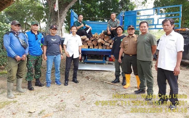 Petugas gabungan dari Perhutani KPH Cepu dan aparat kepolisian mengamankan sejumlah barang bukti kayu jati hasil curian.