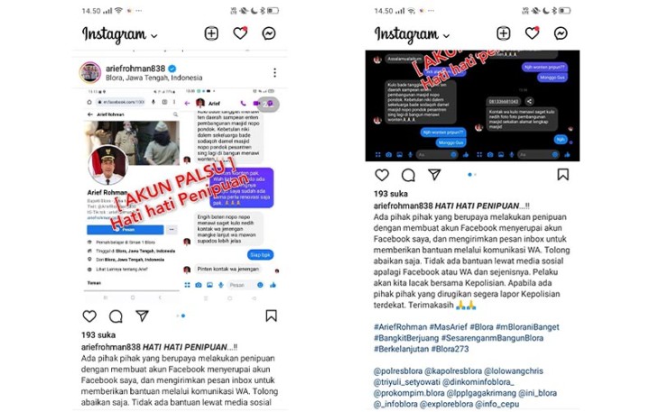 Waspada Penipuan Mengatasnamakan Akun Bupati Blora Palsu
