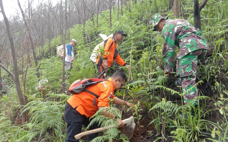 Anggota Kodim 0727/Karanganyar menanam pohon di kawasan Bukit Mongkrang, Telogo Dlingo, Gondosuli, Tawangmangu, Kamis (14/12/2023)
