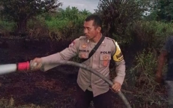 etugas Kepolisian saat memadamkan Api yang membakar Sebidang lahan sawit seluas 1 Hektare di Lingkungan II, Kelurahan Muara Manompas, Kecamatan Batang Toru, Kabupaten Tapanuli Selatan