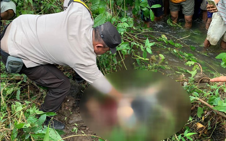 Korban saat ditemukan di Pinggir Sungai, Sabtu 09 September 2023 pukul 08.00 WIB.