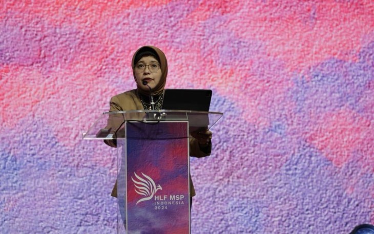 Deputi Bidang Ekonomi Kementerian Perencanaan Pembangunan Nasional/Badan Perencanaan Pembangunan Nasional (PPN/Bappenas) Amalia Adininggar Widyasanti dalam sesi paralel tematik "Unlocking the Blue Economy for Sustainable Growth" pada High-Level Forum on Multi-Stakeholder Partnerships (HLF MSP) 2024, Selasa (2/9/2024) di Nusa Dua Bali. (Foto: Bappenas)