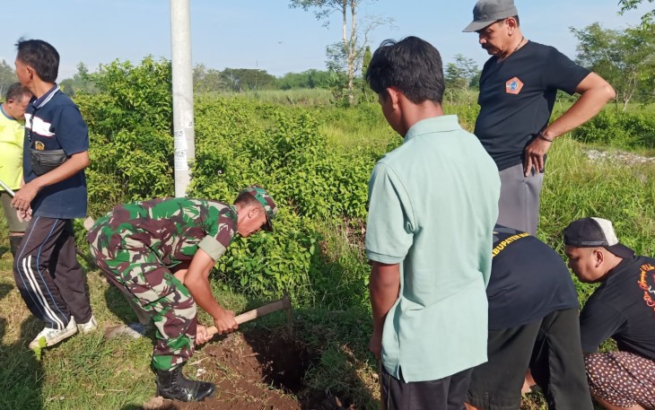 Babinsa di Koramil 14/Dagangan, Kodim 0803/Madiun bersama warga bergotong-royong menanam pohon di sepanjang jalan yang ada di Dusun Sawahan, Desa Dagangan, Kecamatan Dagangan, Kabupaten Madiun