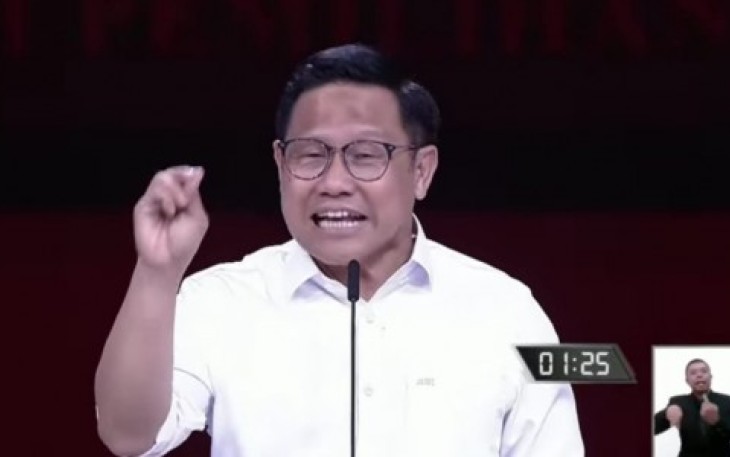 Calon wakil presiden nomor urut 1 Abdul Muhaimin Iskandar saat Debat Keempat Cawapres Pemilu 2024 di Jakarta Convention Center (JCC), Jakarta, Minggu (21/1/24).