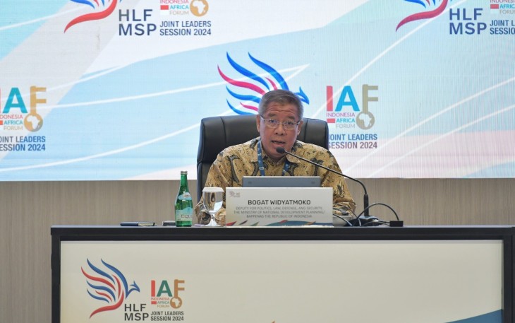 Deputi Bidang Politik, Hukum, Pertahanan, dan Keamanan Kementerian Perencanaan Pembangunan Nasional/Badan Perencanaan Pembangunan Nasional (PPN/Bappenas), Bogat Widyatmoko, di Nusa Dua, Bali, Minggu (1/9/2024) menekankan pentingnya kolaborasi lintas sektor dalam menghadapi tantangan global. (Foto: InfoPublik/Amiri Yandi)