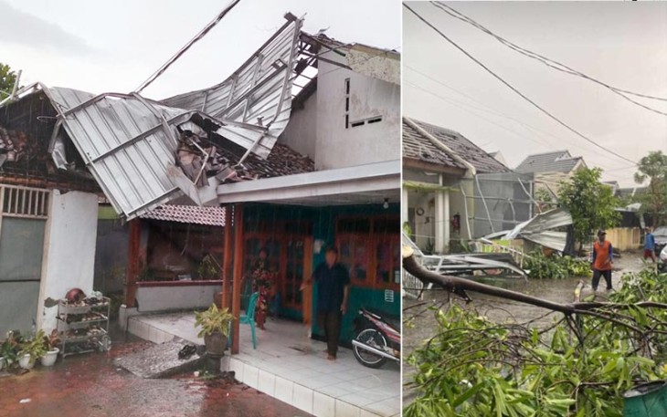 Kerusakan bangunan dampak angin kenjang yang menerjang Desa Kedung Wonokerto, Kecamatan Prambon, Kabupaten Sidoarjo, Provinsi Jawa Timur.