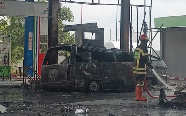 Kondisi SPBU 44.575.25 Cuplik, di Kelurahan Bulakan, Kecamatan Sukoharjo, Kabupaten Sukoharjo setelah terbakar, Rabu (8/1/2025)