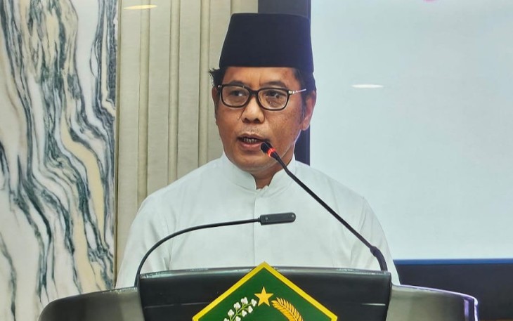 Kamaruddin Amin saat memberikan sambutan pada Halal Bihalal Kementerian Agama di Jakarta, Rabu (9/4/2025)
