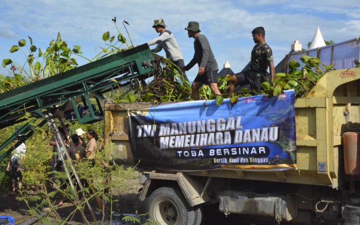 Pembersihan eceng gondok di desa Sitinjak