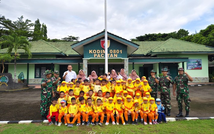 Kodim 0801/Pacitan memberikan Pengenalan Kodim 0801/Pacitan dan melatih Kegiatan Outbound kepada anak anak RA ( Raudhatul Athfal ) Perwanida Sidoharjo sebagai bentuk edukasi dan pengenalan tentang Tentara Nasional Indonesia khususnya Angkatan Darat kepada anak-anak usia dini dilanjutkan dengan kegiatan Outbond bertempat di Jl. Pramuka Gang Hiu, Teleng Sidoharjo, Kec./Kab. Pacitan, Selasa (25/02/2025)