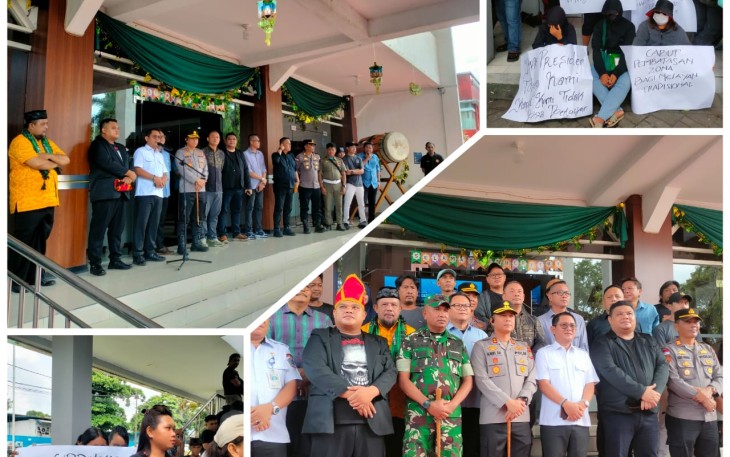 Foto para nelayan tradisional yang tergabung dalam AMNS saat melakukan orasi yang di rangkaikan dengan doa bersama saat di terima langsung oleh Sekda Kota Bitung, Ir. Ignatius Rudy Theno, S.T.,M.T bersama unsur Forkompinda Kota Bitung