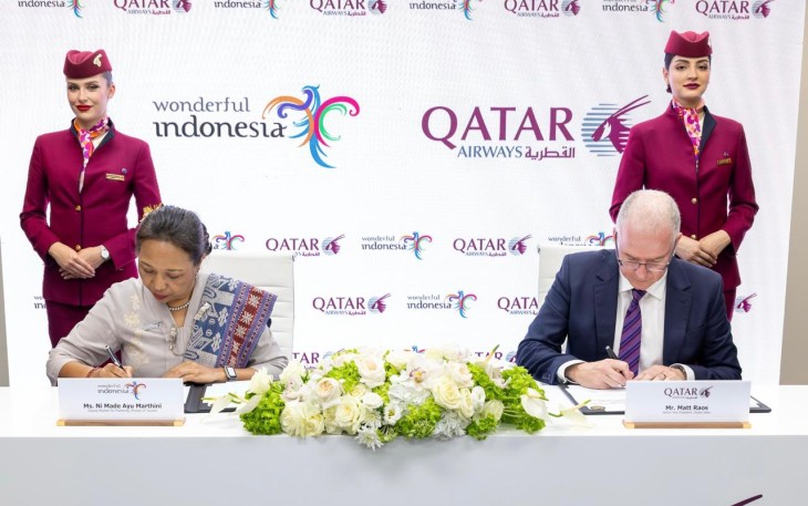 Penandatanganan Memorandum of Understanding (MoU) antara Kementerian Pariwisata dengan Qatar Airways pada Senin (2842025) di sela-sela acara Arabian Travel Market (ATM) 2025 yang berlangsung di Dubai World Trade Center.
