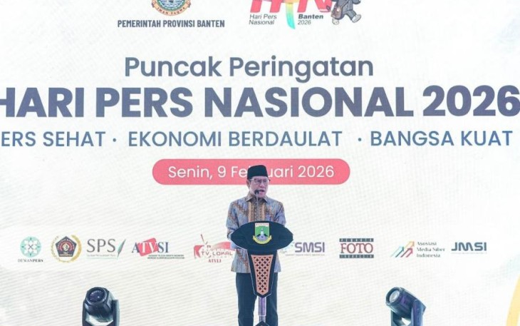 Menko PM Muhaimin Iskandar saat memberikan sambutan di puncak HPN 2026 di Serang, Banten, Senin (9/2)