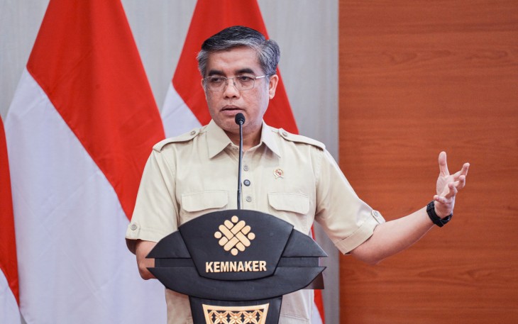 Menaker Yassierli pada peluncuran dan sosialisasi Peraturan Menteri Ketenagakerjaan Nomor 11 Tahun 2026 tentang Tata Cara Pengawasan Ketenagakerjaan sekaligus peringatan Hari Ulang Tahun ke-78 Pengawasan Ketenagakerjaan Indonesia di Jakarta, Senin (27/7/2026).