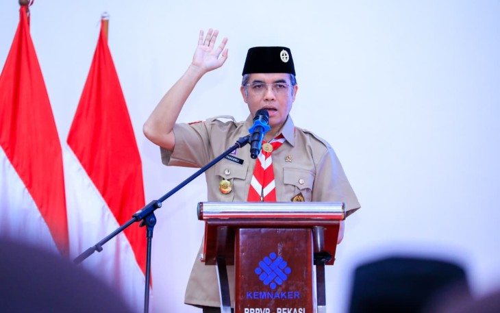 Menaker Yassierli menutup Pesan tren Kilat (Sanlat) Ramadan bagi Praja Muda Karana (Pramuka) Penegak dan Pandega se-Jabodetabek di Balai Besar Pelatihan Vokasi dan Produktivitas (BBPVP) Bekasi, Jawa Barat, Minggu (8/3/2026).