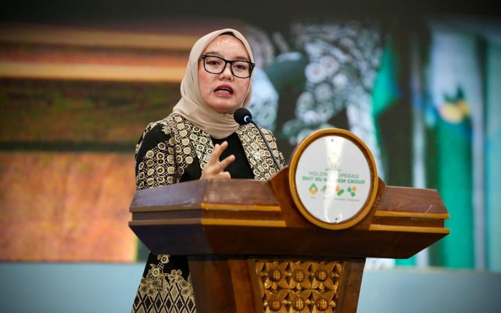 Wamenkop Farida Farichah pada Rapat Anggota Tahunan Koperasi Baitul Maal wat Tamwil Nahdlatul Ulama (BMTNU) Ngasem Group Bojonegoro pada Minggu (8/2/2026).