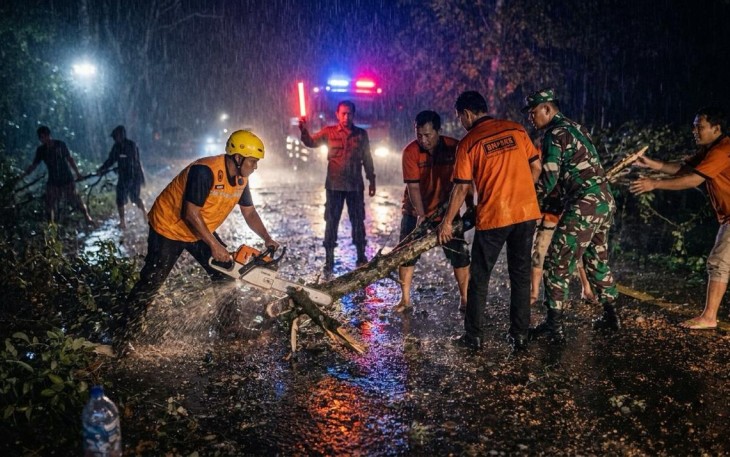 TNI bersama Polri dan BPBD melakukan evakuasi terhadap pohon tumbang yang melintang di Jalan Raya Durenan, Kabupaten Trenggalek, Sabtu (28/2/2026)