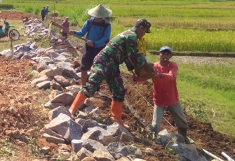 Serda Toharis Babinsa aktif Koramil 13 Salem Kabupaten Brebes saat membantu pelaksanaan pembangunan Talud