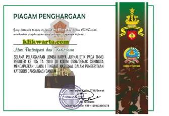 Klikwarta.com terima piagam penghargaan dari Kodim 0716/Demak