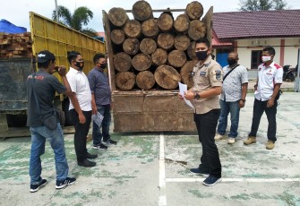 Kasat Reskrim Iptu Noca Tryananto didampingi anggotanya saat bersama kayu yang diamankan di Polres Setempat.