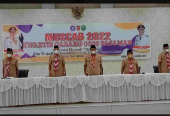 Bupati Pasaman, H.Benny Utama saat Muscab Gerakan Pramuka Kwartir Cabang 0308 Pasaman di Aula lantai III Kantor Bupati Pasaman, Senin (4/4/2022).