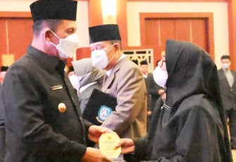Gubernur Prov Kepri Ansar Ahmad saat Menyerahkan Tanda Satya dan penghargaan PNS Purna Bakti