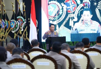 Kapolri Jenderal Listyo Sigit Prabowo saat membuka Rakernis Gabungan di Rupatama Polri, Jakarta Selatan, Selasa (22/3/2022).
