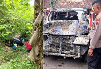 Mobil Dinas PMD kabupaten Blora yang masuk jurang di jalan Doplang Bangklean kecamatan Jati kabupaten Blora.