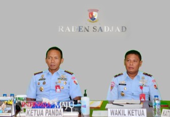 Danlanud RSA Kolonel Pnb Jajang Setiawan, S.M., M.Han., PSC(J)., beserta jajaran saat mengikuti video conference (Vicon) integrasi Sidang Penentuan Terakhir Daerah Gabungan (Pantukhirdagab) Penyediaan Taruna Taruni Akademi Angkatan Udara (AAU) Tahun 2023 bertempat di Ruang Rapat Mako Lanud RSA, Kamis (15/6/2023).
