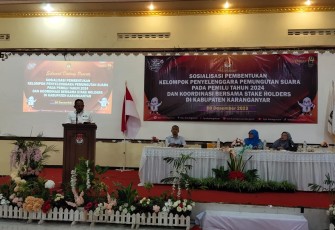 Acara sosialisasi KPU Kabupaten Karanganyar mengenai pembentukan KPPS untuk Pemilu 2024 dan koordinasi bersama stakeholder, di Aula Hotel Permatasari Karanganyar, Jumat (8/12/2023) siang.