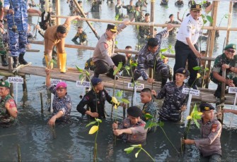 Kapolda Sulsel Irjen Pol Setyo Budi Moempoeni Harso saat tanam mangrove serentak di Makassar, Senin (15/5)