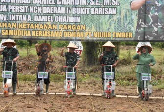 Pangdam I/BB Mayjen TNI Achmad Daniel Chardin saat menanam jagung perdana di lahan ketahanan pangan Korem 023/KS di desa Kalangan, Kabupaten Tapteng, Selasa (15/8)