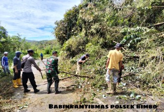 Bersama Warga, Bhabinkamtibmas Bersihkan Pohon Tumbang di Jalan Raya