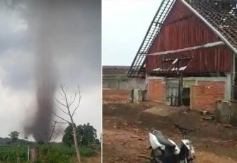 Angin puting beliung menerjang kandang hewan ternak, di Desa Sawir, Kecamatan Tambakboyo, Kabupaten Tuban, Jawa Timur, pada Sabtu (4/11) siang pukul 11.45 WIB. 