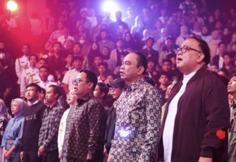 Menkominfo Budi Arie Setiadi dalam Konser Harmoni Pemilu Damai 2024, di Balai Sarbini, Jakarta Selatan, Rabu (07/02/2024) malam.