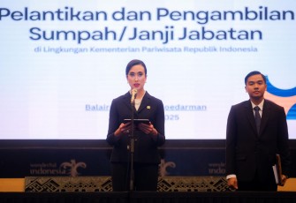 Menpar) Widiyanti Putri Wardhana dalam sambutannya saat pelantikan pejabat di Balairung Soesilo Soedarman, Gedung Sapta Pesona, Jakarta Pusat, Rabu (8/1/2025).